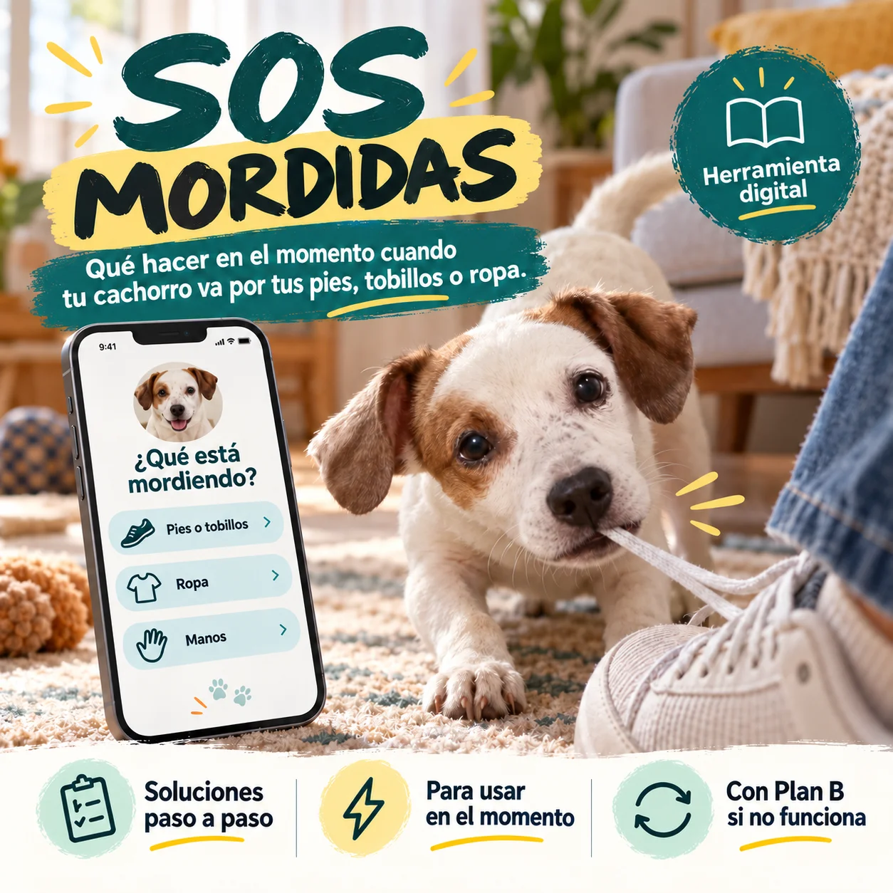 Portada de SOS MORDIDAS™: cachorro mordiendo un cordón junto a un celular con la pantalla ¿Qué está mordiendo?
