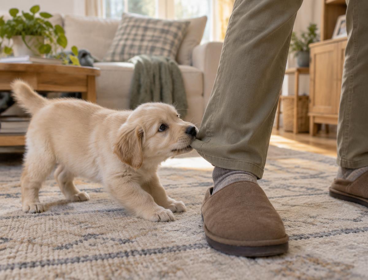 Cachorro mordiendo el bajo del pantalón de una persona en casa
